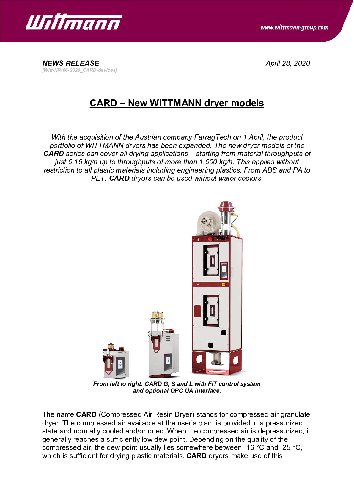 Wittman Battenfield Compress Air Resin Dryer Supports Adequate